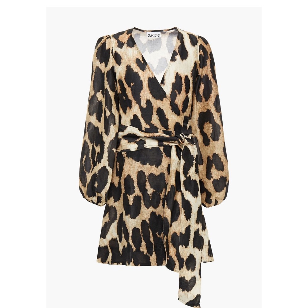 GANNI Leopard-print linen and silk-blend voile mini wrap dress! Amazing fit.